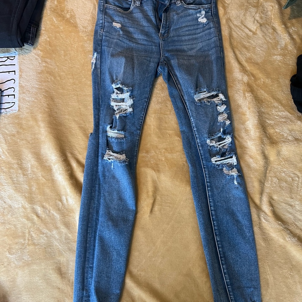 American Eagle Outfitters Blue Skinny Jeans with Distressed Details